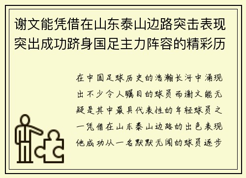 谢文能凭借在山东泰山边路突击表现突出成功跻身国足主力阵容的精彩历程